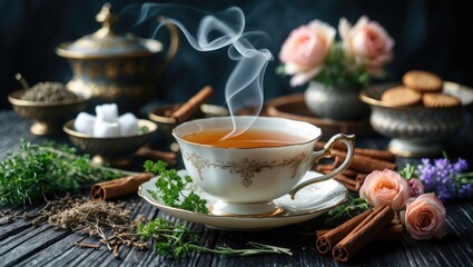 Fototapeta premium Cup of hot tea on aged background set on the table