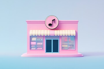 Three-dimensional representation of a pink storefront with musical note .