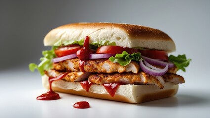 Subway chicken burger sandwich on plain white backdrop