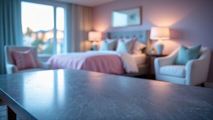 Empty grey stone table situated inside a room
