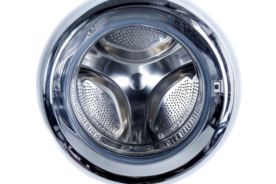 Sparkling clean washing machine drum stainless steel interior modern appliance close up view chrome - Powered by Adobe
