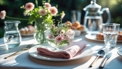 Fototapeta premium Chic table setup adorned with exquisite flowers outdoors