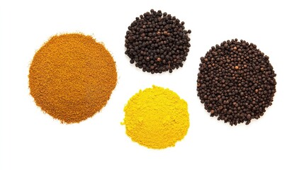 Colorful Spice Set in Circular Arrangement: Cinnamon, Ground Black Pepper, Turmeric Powder, Mexican Taco Seasoning, and Garam Masala, Isolated on White with Clipping Path
