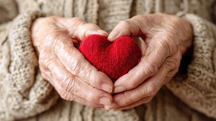 Elderly senior person or grandparent's hands with red heart in support of nursing family caregiver for national hospice palliative care and family caregivers month concept