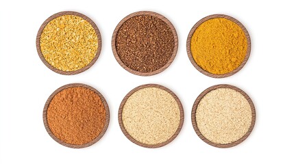 Colorful Spice Set in Circular Arrangement: Cinnamon, Ground Black Pepper, Turmeric Powder, Mexican Taco Seasoning, and Garam Masala, Isolated on White with Clipping Path