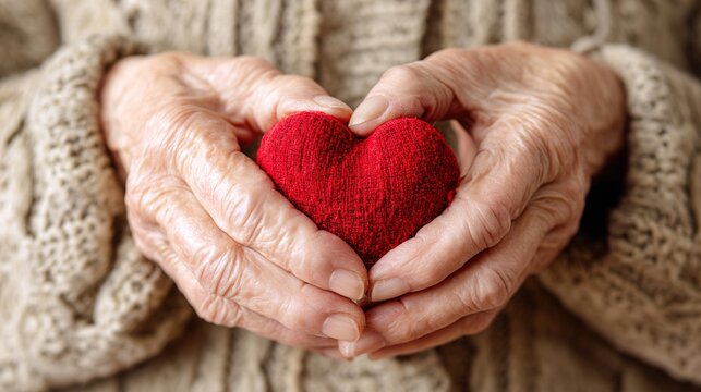 Elderly senior person or grandparent's hands with red heart in support of nursing family caregiver for national hospice palliative care and family caregivers month concept