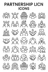 Fototapeta premium Partnership Collaboration Icons.partnership, collaboration, teamwork, cooperation, unity, group, globe, success, star, meeting, agreement, handshake, goal, gears, rocket, flag, trophy, dollar, present