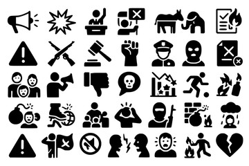 Social Conflict Icons.conflict, protest, megaphone, explosion, debate, opposition, politics, donkey, elephant, checklist, fire, warning, guns, gavel, raised fist, police, criminal, rejection, fear,