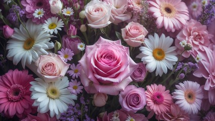 Beautiful Arrangement of Roses, Daisies, and Chrysanthemums with Pink Shades and Flowering Background