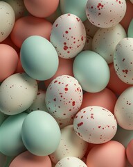 A close-up of pastel-colored and red-speckled eggs arranged in a tight, visually pleasing cluster with soft lighting and smooth textures.