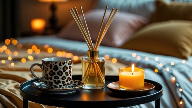 Cozy bedroom scene featuring liquid perfume in a glass bottle with bamboo sticks, a lit candle, and a cup of tea on the table