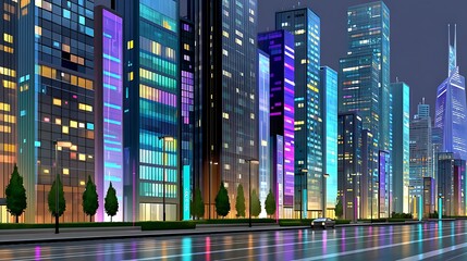 Vibrant Night Cityscape Illuminated Skyscrapers Modern Architecture Urban Street Scene
