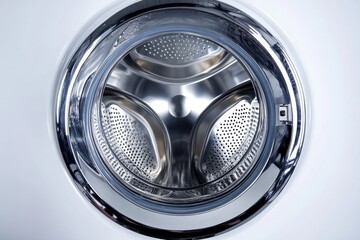 Sparkling clean washing machine drum stainless steel interior modern appliance close up view chrome