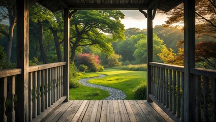 Terrace with wooden flooring and a beadboard ceiling beneath a half hip roof