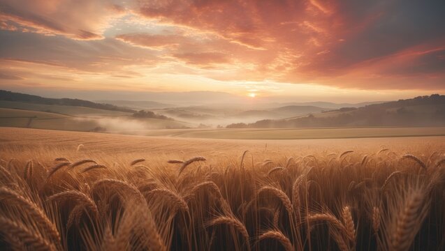 Dramatic cloudy sky during sunset or sunrise in a farmland landscape with vintage film charm.