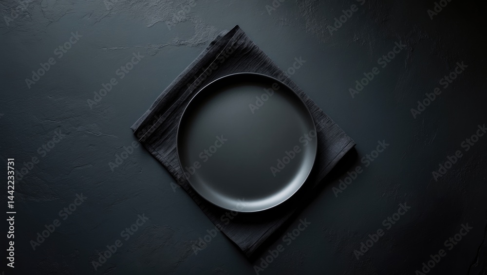 Poster Black ceramic platter on table seen from above with empty space for text