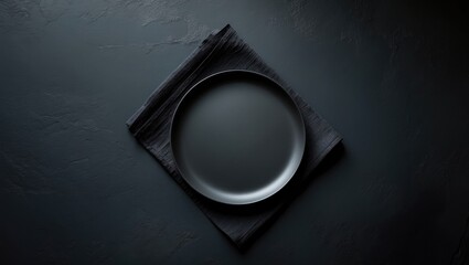 Black ceramic platter on table seen from above with empty space for text