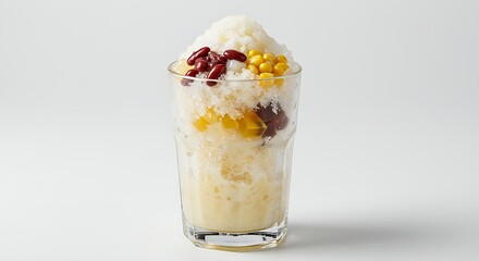 A glass of ABC (Ais Batu Campur) shaved ice dessert with colorful toppings on a white background