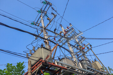 Complex electrical station tower box with many cable