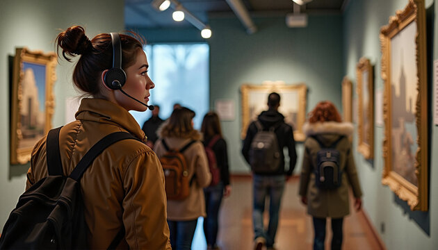 Museum guide with microphone and headphones leading tour indoors

