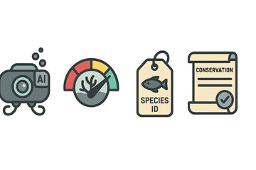 Naklejka premium Icons of ocean science are connected through camera, health, ID, and promise