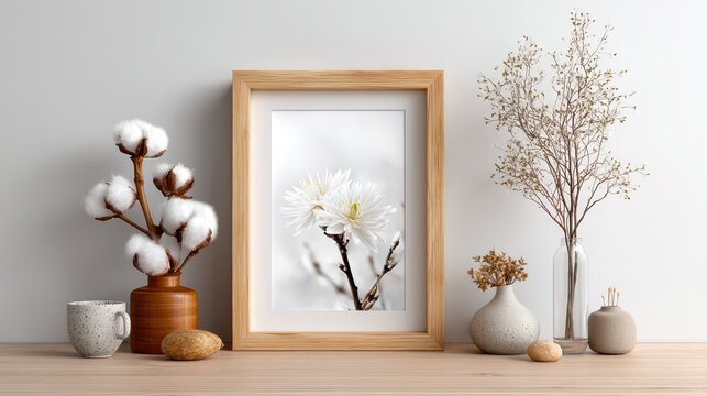 a simple wooden frame on a white isolated background, minimalist and timeless design