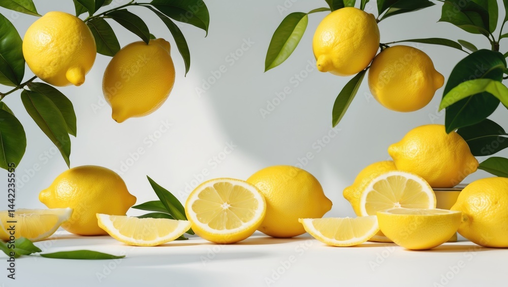 Poster a creative display of ripe raw lemons accompanied by green leaves isolated on a simple background. h