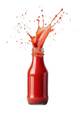 Chilli peppers a hot sauce or tomato ketchup in glass bottle splashing in studio
