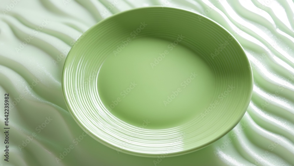 Poster green plate with a wave texture, empty plate with wavy pattern against a white surface