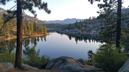 Obraz premium A serene lake scene showcasing natural beauty and tranquility at dusk