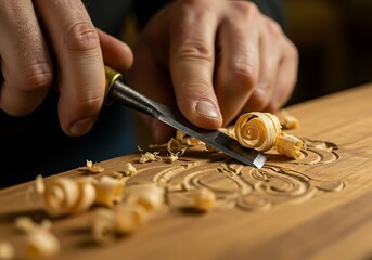 Detailed Woodcarving Process: Skilled Artisan Shaping Ornate Design with Chisel