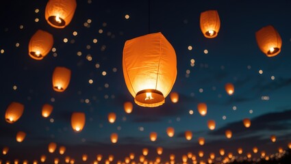 Naklejka premium Ascending sky lanterns, casting light on the dark skyline with their subtle radiance, drifting up with heartfelt wishes, generating a heavenly moment of bright hope and calm illumination