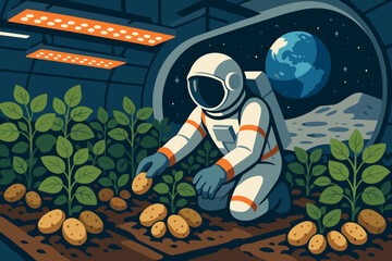 The scene depicted is a flat, off-world setting featuring an astronaut, tubers, and a curved window with a view of Earth
