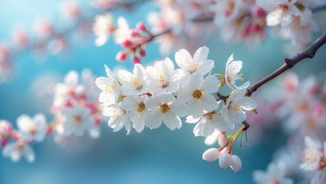 Close-up of a Sweet Cherry Branch Featuring White Flowers and Varieties of Cherry Blossom Plants