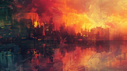 Vibrant city skyline at sunset with dramatic clouds and reflections on calm water