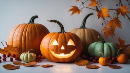 Front view of a Halloween-themed table decorated with pumpkins, leaves, and rosehip branches for autumn holidays
