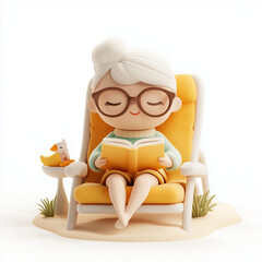 3D cartoon clay woman in eyeglasses reading on sun chair at the beach, isolated on white. Relaxed summer vibe, ideal for vacation, lifestyle, wellness, and leisure concepts.

