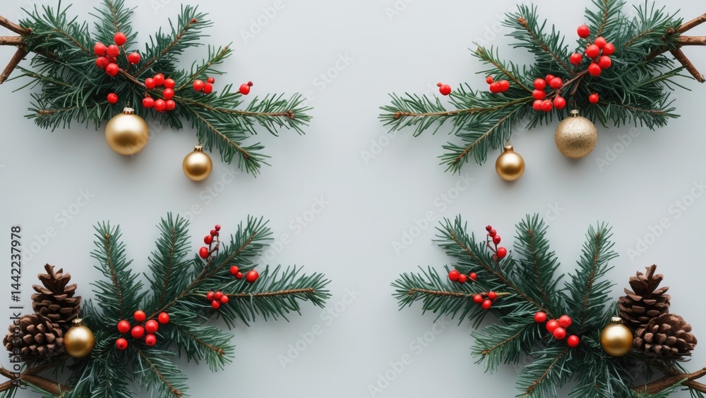 Poster flat lay of fir tree branches with ornaments against white background, leave space for text