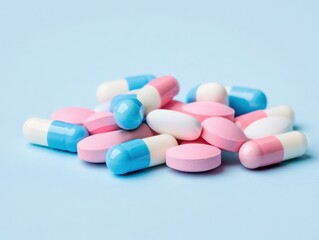 Assorted pills on blue background