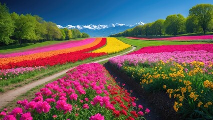 Expansive field of flowers against a blue backdrop