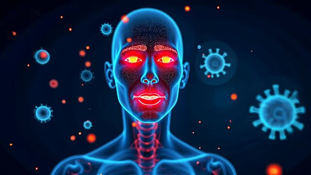 Scanning infections, disease detection, viral spread. Infection prevention. Pathogens invade immune defense. Vaccination boosts body resilience. Treatments reduce viral load.