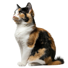 Obraz premium Side view of a calico cat sitting and looking up, transparent background, cut out, isolated with no shadow