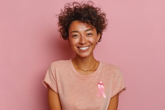 Portrait of an altruist, smiling mixed race woman in a pink T-shirt with a pink satin ribbon, symbol of International Breast Cancer Day. Educational program for the fight against cancer. 1 st October