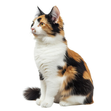 Side view of a calico cat sitting and looking up, transparent background, cut out, isolated with no shadow