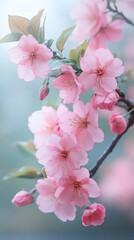 Fototapeta premium Beautiful Cherry Blossom Branch with Pink Flowers in Full Bloom