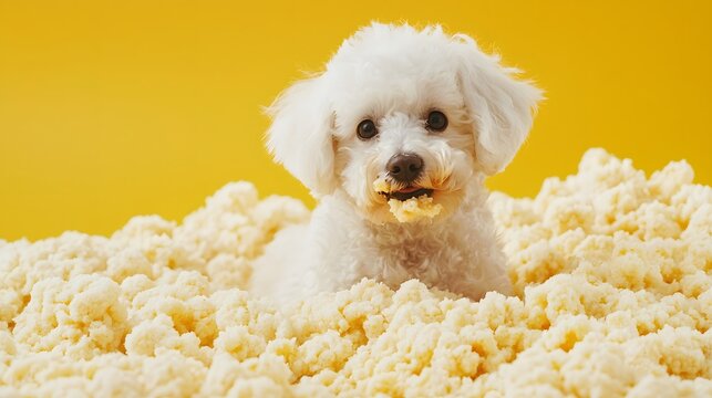 Adorable White Puppy Surrounded by Puffed Snack in Bright Setting