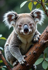Naklejka premium A cute koala perched on a branch, its fluffy ears standing out against the blurred background. Nature's adorable tree dweller.