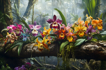 Fototapeta premium Vibrant orchids flourish on a fallen log in a misty forest.