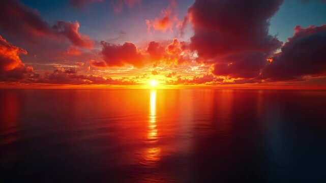 Fiery Sunset Over the Ocean: A breathtaking view of a vibrant sunset casting a fiery glow over the calm ocean waters. The sky is ablaze with colors, reflecting beautifully on the water's surface.
