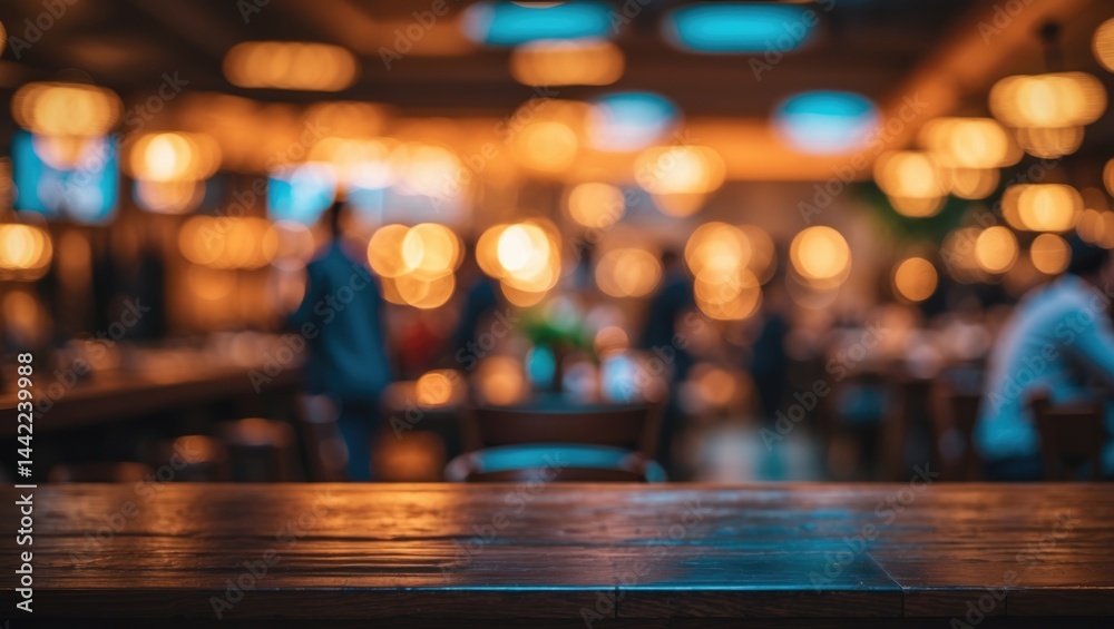 Leinwandbilder dark wooden table with an empty surface before a hazy restaurant setting